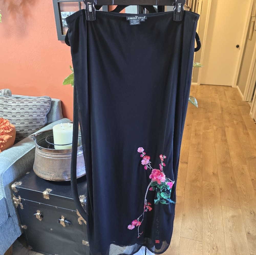 Vintage Carol Little Knit Black Maxi Skirt XL Embroidered Pink Floral